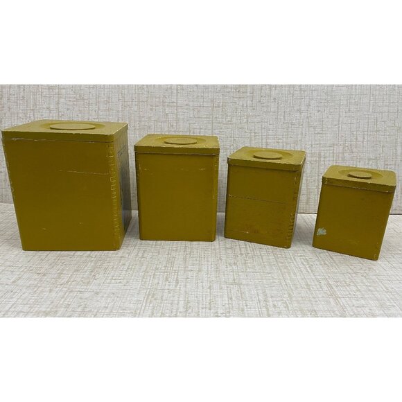 Set of vintage kitchen canisters, wooden dovetailed counter top storage, olive / - Picture 7 of 10